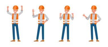 İnşaat işçisi karakter vektör çizimi seti. Erkekler olumlu duygular ifade eder.