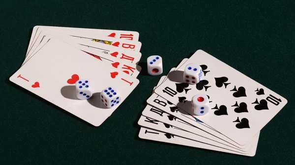 Ten cards and five dice, showing a royal flush