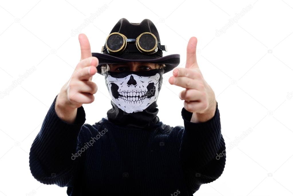 steampunk man in the hat and mask skeleton 