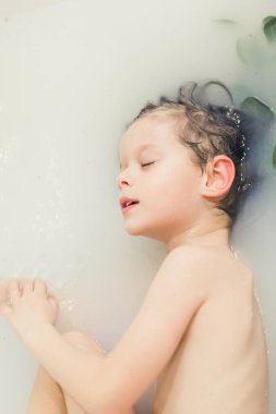 Süt banyosu. Çocuk, süt banyosu ve yeşil yaprakların içinde yan yatar..