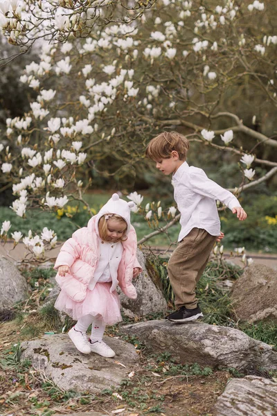 公園で楽しい時間を過ごしている幸せな子供たち 女の子と男の子が屋外で一緒に遊んでいます マグノリアの開花 — ストック写真