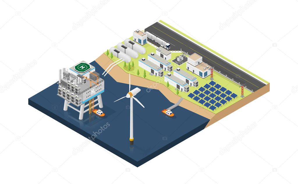 hydrogen offshore with wind turbine and solar cell in isometric graphic