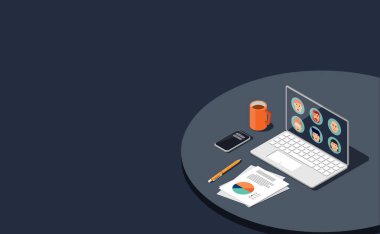 İzometrik grafikte dizüstü bilgisayarla toplantı ve çalışma