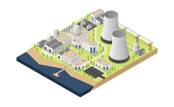 Centrale Nucleare Con Grafica Isometrica — Vettoriale Stock