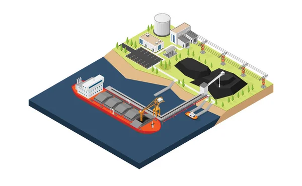 Buque Carbón Que Descargue Carbón Astillero Carbón Con Gráficos Isométricos — Vector de stock