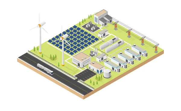 風力タービンと太陽電池を搭載した水素マイクログリッドです — ストックベクタ