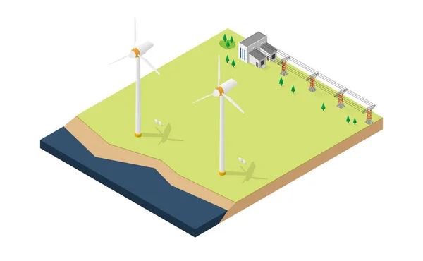 风力涡轮机 风力涡轮机发电厂 等距图形 — 图库矢量图片