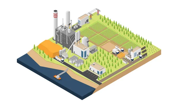 Biomassza Energia Biomassza Erőmű Izometrikus Grafikában — Stock Vector