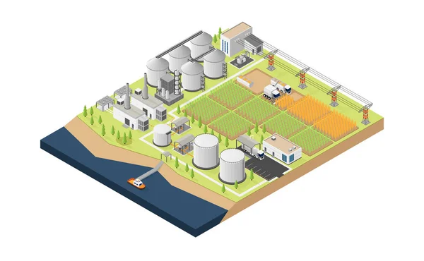 Biofuel Energy Biofuel Power Plant Isometric Graphic — Stock Vector