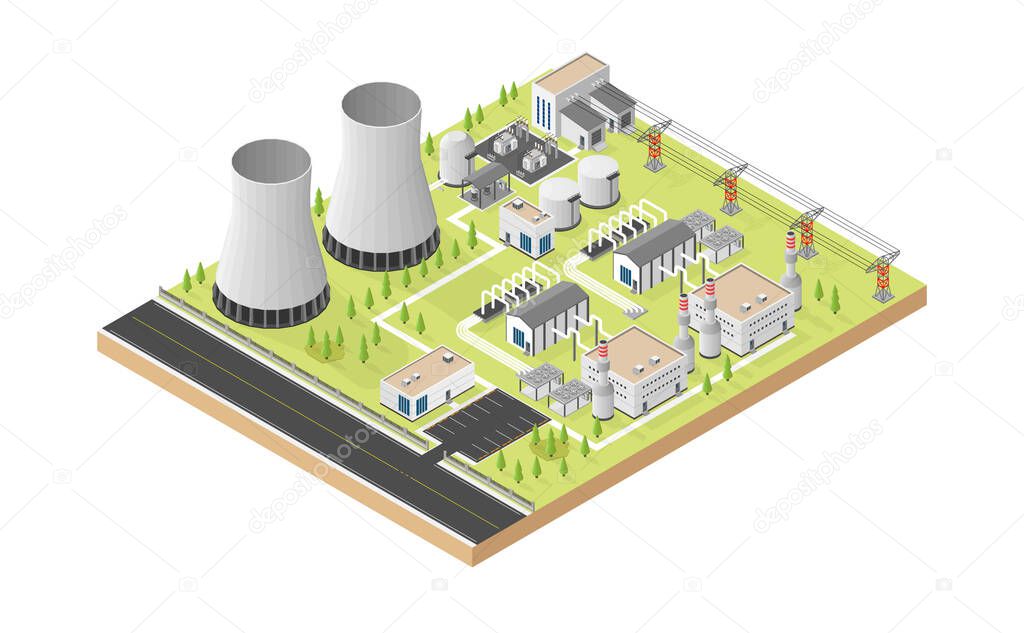 geothermal energy, geothermal power plant in isometric graphic