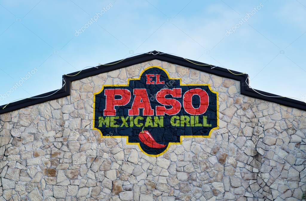 Houston, Texas/USA 10/23/2020: El Paso Mexican Grill restaurant exterior with focus on sign and rooftop in Houston, TX.