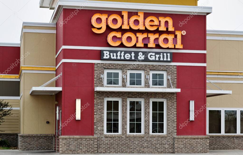 Houston, Texas USA 11-20-2020: Golden Corral buffet exterior in Houston, TX. All you can eat American restaurant chain.