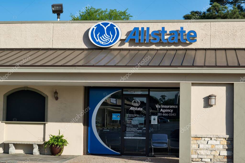 Houston, Texas USA 03-26-2021: Allstate Insurance building exterior in a Houston, TX strip mall.