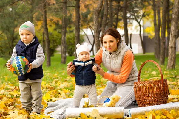 Jonge moeder met haar kinderen in het najaar park — Stockfoto