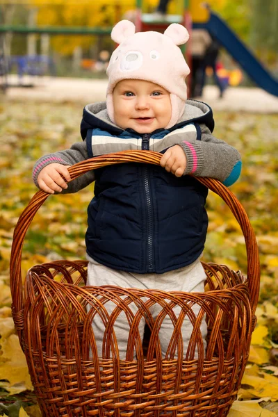 Beautiful little girl standing in a basket autumn park — Stock Photo, Image