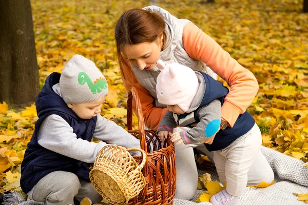 Jonge moeder met haar kinderen in het najaar park — Stockfoto