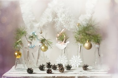 Cam vazo içinde ağaç dal Noel süsleri