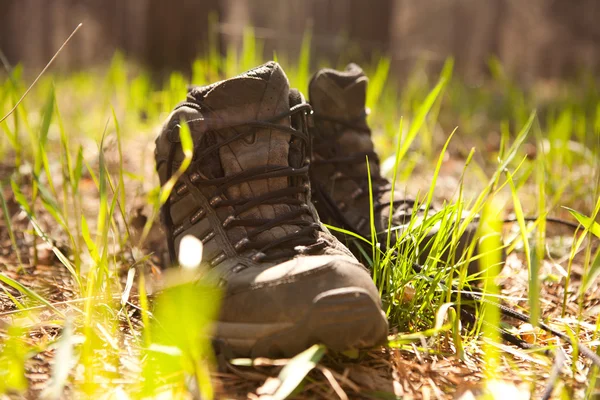 Ζευγάρι παπούτσια πεζοπόρος ταξιδιώτη που στέκεται στο γρασίδι — Φωτογραφία Αρχείου