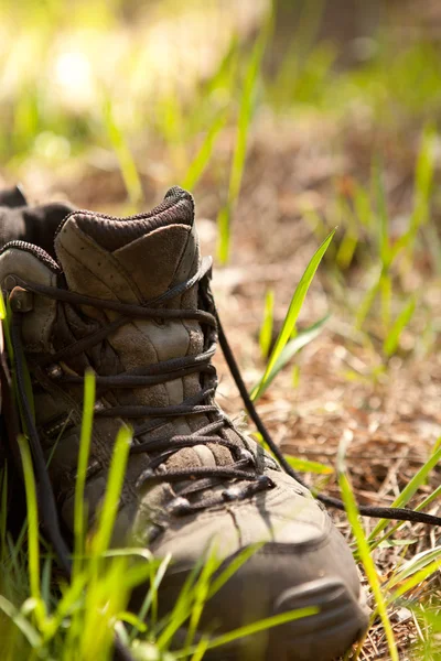Pair of traveler hiker shoes standing in the grass — Stock Photo, Image