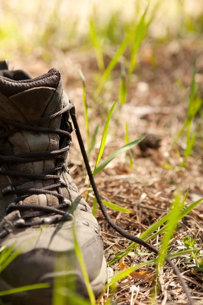 Pair of traveler hiker shoes standing in the grass — Stock Photo, Image