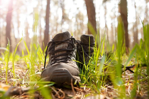 Paar reiziger wandelaar schoenen permanent in het gras — Stockfoto