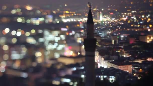 Minaret tower of Mosque in Ankara at night, beautiful view of city — Stock Video