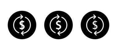 Dollar exchange cycle icon in black circle. Circular arrows representing money transfer and conversion