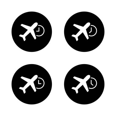 Saat sembollü uçak takvimi simgesi ayarlandı. Uçuş süresi, kalkış ve seyahat çizelgesi siyah daire şeklinde.