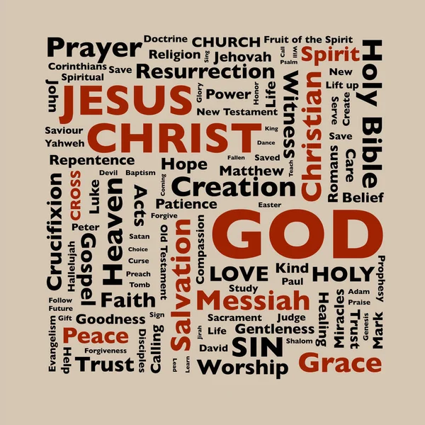 Christian Word Collage Brun Bakgrund Moln Tro Jesus Kristus Och — Stock vektor