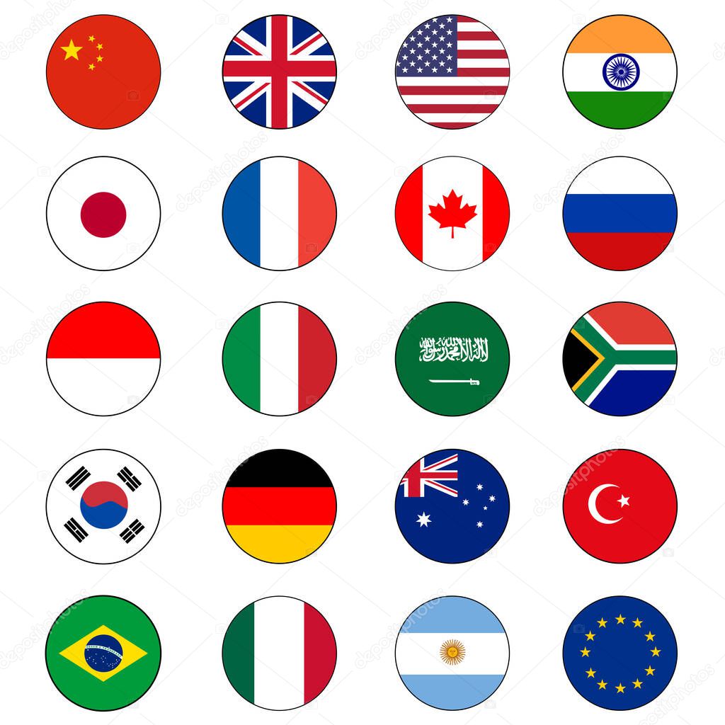 Group of Twenty (20) or G20 Flag Icon Set Vector Circle push buttons for global political cooperation and diplomacy. 