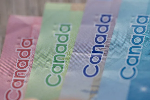 Billetes Dólares Canadienses Macrofotografía Colorida Primer Plano Esquinas Billetes Canadá —  Fotos de Stock