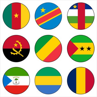Dokuz (9) Orta Afrika Ülkesi Bayrak Çemberi Vektör Simgesi Ayarları.