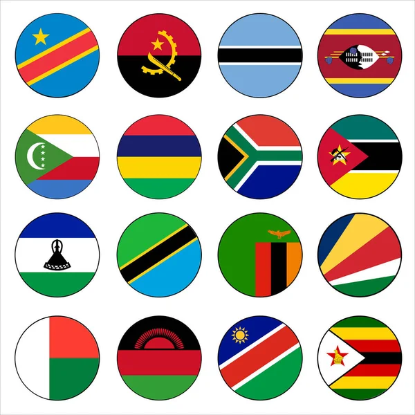 Zuid Afrikaanse Ontwikkelingsgemeenschap Sadc Circle Flag Country Icon Set — Stockvector