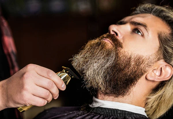 Man visiting hairstylist in barbershop. Barber works with a beard clipper.Hands of a hairdresser with a beard clipper, closeup
