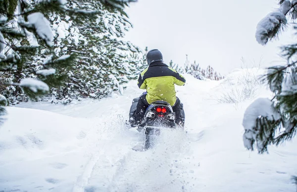 Man is riding snowmobile in mountains. Pilot on a sports snowmobile in a mountain forest. Athlete rides a snowmobile in the mountains. Snowmobile in snow. Concept winter sports