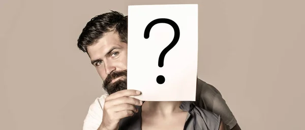 Woman incognita. Man a question, anonymous, incognita. Man holding question Mark. Question mark, symbol. Couple in quarrel — Stock Photo, Image