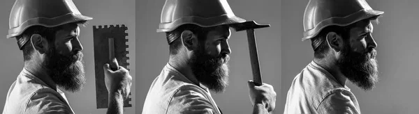 Constructor en casco, martillo, manitas, constructores en hardhat. Herramienta, llana, hombre constructor. — Foto de Stock