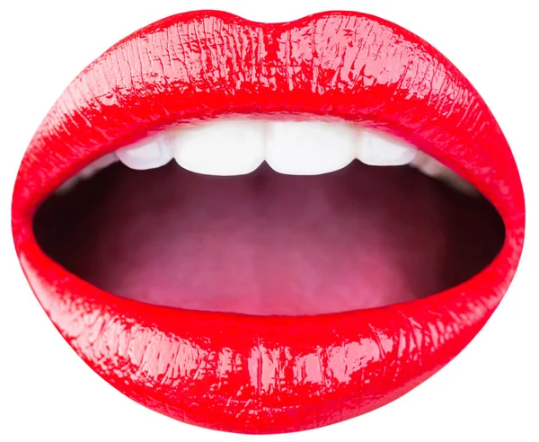 Schönheit sinnliche Lippen, schöne Lippe, knallroter Lippenstift. Nahaufnahme, Makro, schöner Mund, sinnliches Make-up. Vereinzelte rote Lippen, Porträt — Stockfoto