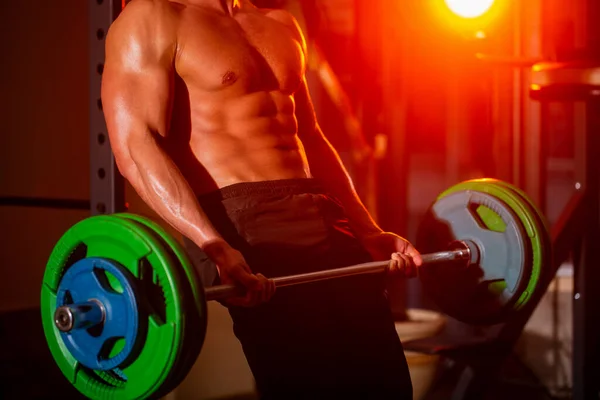 Entrenamiento de cerca con barra. Hombre levantando pesas haciendo ejercicio en el gimnasio. Entrenamiento de primer plano de las barras del callejón sin salida. El deportista levanta la barra en el gimnasio. Entrena el gimnasio. Hombre atlético con seis manadas, abdominales perfectos —  Fotos de Stock