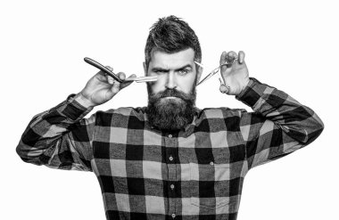 Sakallı adam, sakallı erkek. Şık erkek sakalı portresi. Berber makası ve ustura, berber dükkanı. Klasik berber dükkanı, tıraş. Siyah ve beyaz