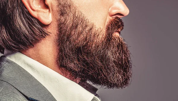 Barba es su estilo. Un hombre barbudo de cerca. Una barba perfecta. Primer plano del joven barbudo — Foto de Stock