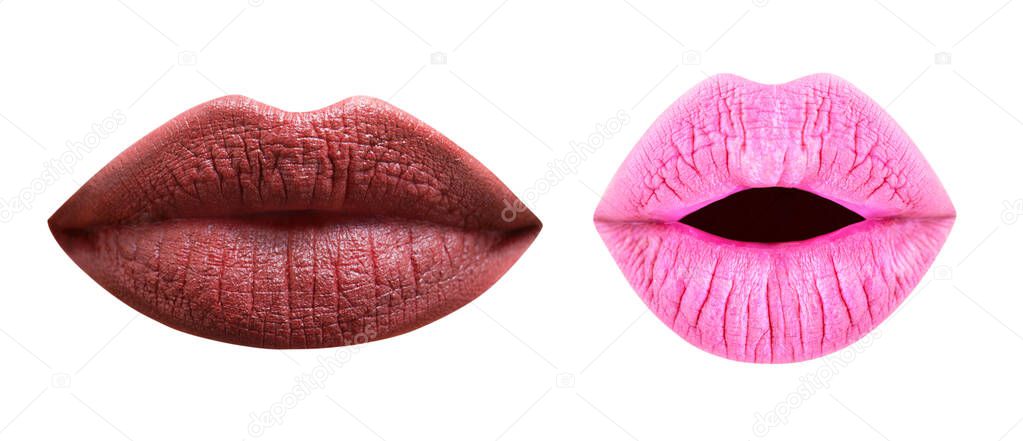 Dark brown lipstick, beautiful makeup, sensual mouth. Dark brown lips, portrait. Beauty lips, bright pink lipstick. Close up, macro, beautiful mouth, sensual makeup Isolated pink lips portrait