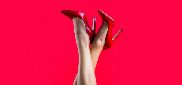 Perfect female legs wearing high heels. Shapely legs, a girl in shoes high-heeled. High heel shoes. Beautiful legs woman. Pretty female legs with red high heels on red background