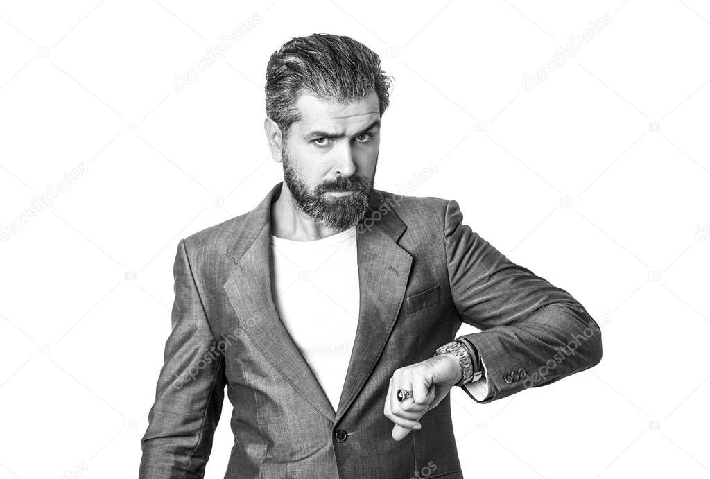 Hand in with wrist watch in a business suit. Elegant handsome man in suit. Sexy male, brutal macho, hipster. Handsome bearded businessman in classic suits. Black and white
