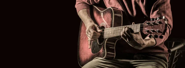 Electric guitar, string, guitarist, musician rock. Musical instrument. Guitars and strings. Guitar acoustic. Play the guitar. Live music. Instrument on stage and band. Music concept. Copy space — Stock Photo, Image