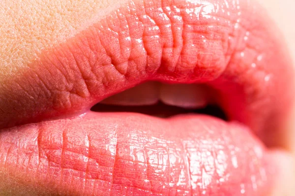 Labios rellenos sensuales. Lápiz labial rosa. Maquillaje labial natural perfecto. Primeros labios hermosos. Sexy labios rellenos pintalabios desnudos. Close-up maquillaje labial natural perfecto hermosa boca femenina. —  Fotos de Stock