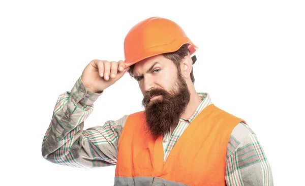 Portret van een bouwer. Werknemer in de bouw uniform. Mannen bouwers, industrie. Bouwer met harde hoed, voorman of reparateur in de helm. Baard man werknemer in de bouw helm of harde hoed — Stockfoto