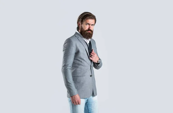 Man in suit. Male beard and mustache. Sexy male, brutal macho, hipster. Hand in with wrist watch in a business suit. Elegant handsome man in suit. Handsome bearded businessman in classic suits — Stock Photo, Image