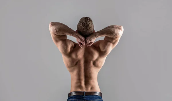 М'язова спина, м'язистий чоловік, мускулиста спина, голий торс. Чоловік голий, здоровий м'язистий хлопець, торсо чоловік, ізольований. Чоловік з м'язистими руками, трипси. Талія, талія. Хлопець з красивим торсом — стокове фото