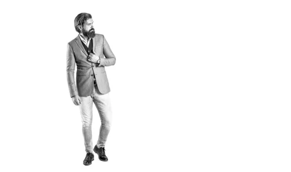 Sexy male, brutal macho, hipster. Hand in with wrist watch in a business suit. Elegant handsome man in suit. Handsome bearded businessman in classic suits. Black and white — Stock Photo, Image